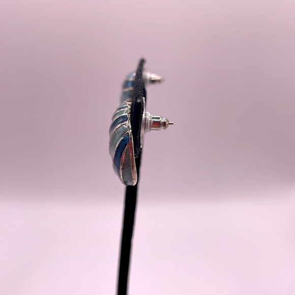 Vintage Blue Silver Tone Enamel Stud Stripes Statement Earrings - Picture 3 of 3